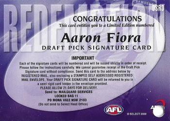 2000 Select AFL Millennium - Draft Pick Signature Redemptions #DSR3 Aaron Fiora Back
